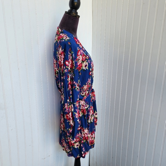 Women's Blue Pink Floral Rayon Cotton Mini Robe Kinomo One Size OS - Picture 5 of 12